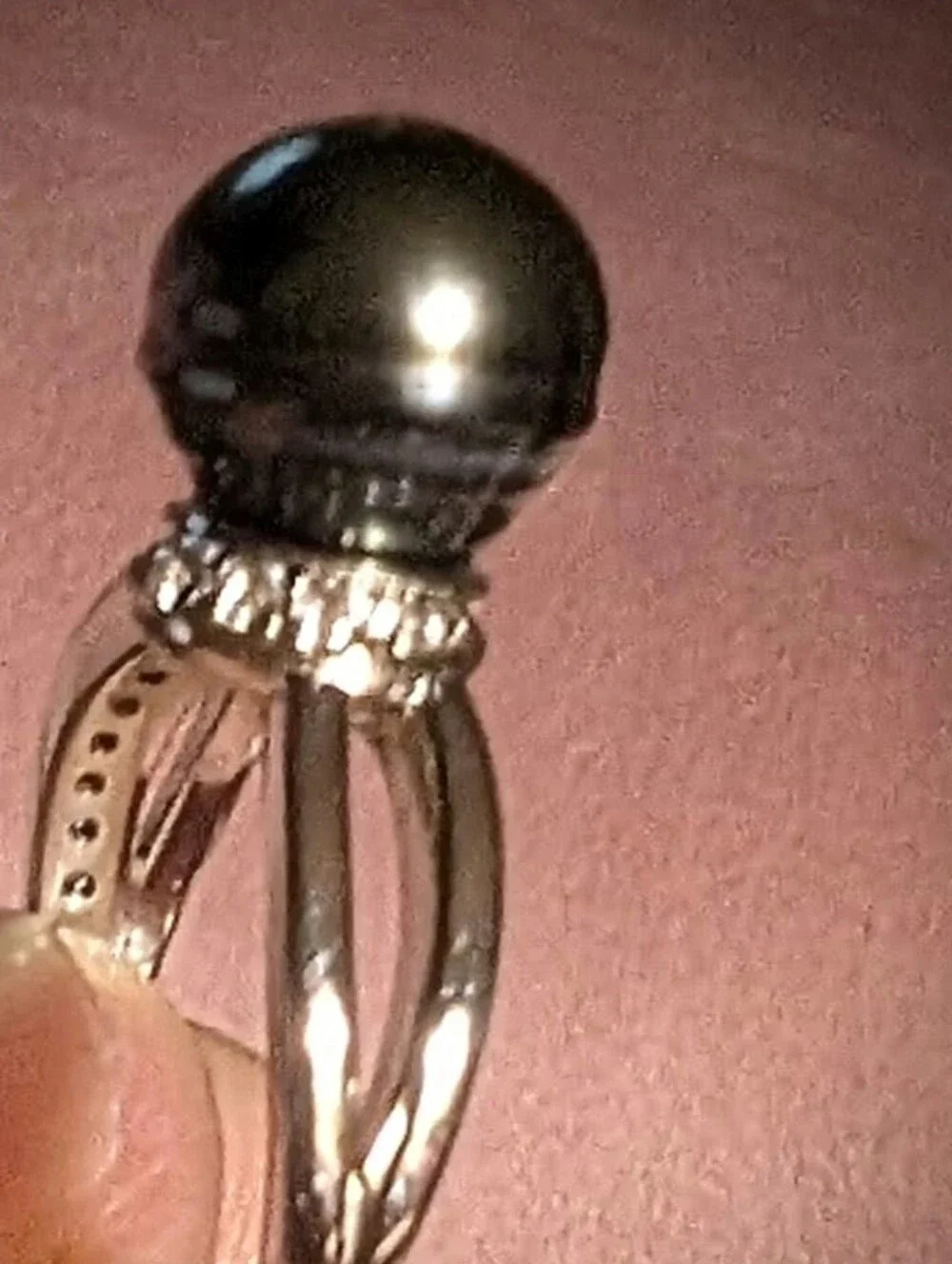Cultured Black Tahitian Pearl W/ White Zircon Rhodium Over 925 Sterling Ring Sz8